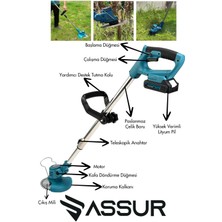 Assur 21V Çift Akü Uzatma Kollu Çalı Ot Çim Biçme Şarjlı Tırpan
