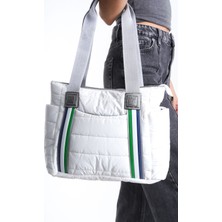 Moda Lime Kadın Büyük Boy Şişme Paraşüt Çanta Fermuar ve Yandan Bölmeli Şerit Detaylı Günlük Kol Omuz Çantası