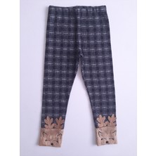 Timi Kids Siyah Gri Kareli Paçası Nakışlı Kışlık Kumaş Tayt Pantolon