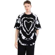 Yıkamalı Kalp Desenli Oversize Unisex Tişört