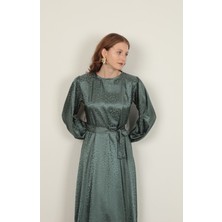 1001MODA Jakar Kumaş Leopar Desen Kadın Elbise-Yeşil