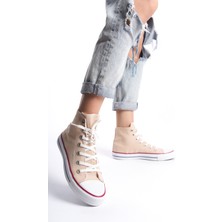 Eformoda Krem Kadın Uzun Keten Spor Ayakkabı Günlük Sneakers Cnv6