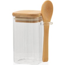 Kaşıklı Bambu Kapak Vakumlu Cam Kavanoz  Borosilikat Cam 600 ml