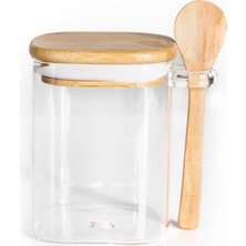 Kaşıklı Bambu Kapak Vakumlu Cam Kavanoz  Borosilikat Cam 600 ml