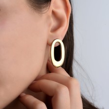 Nox Jewelry 14 Ayar Altın Kaplama Oval Küpe Parlak Yüzey Minimal Tasarım Kadın Gümüş Küpe - E00280