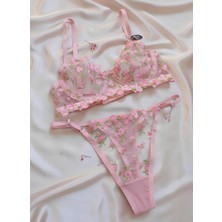 Arona Lingerie Pembe Çiçekli Brode Işlemeli Dantelli Sütyen Takımı