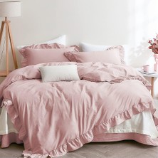 Maki Home %100 Pamuklu Fırfırlı Süs Dikişli Açık Pembe Çift Kişilik Nevresim ve Yastık Kılıfı Seti