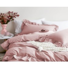 Maki Home %100 Pamuklu Fırfırlı Süs Dikişli Açık Pembe Çift Kişilik Nevresim ve Yastık Kılıfı Seti