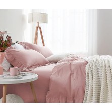 Maki Home %100 Pamuklu Fırfırlı Süs Dikişli Açık Pembe Çift Kişilik Nevresim ve Yastık Kılıfı Seti