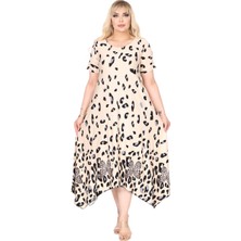 Melsay Butik Bej Sulu Leopar Desenli Asimetrik Kısa Kollu Elbise