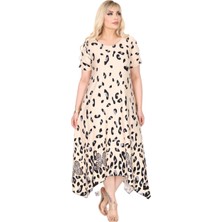 Melsay Butik Bej Sulu Leopar Desenli Asimetrik Kısa Kollu Elbise