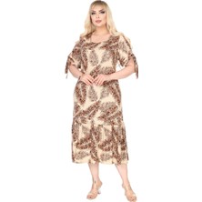 Melsay Butik Ekru Başak Desen Kolları Bağlamalı Kısa Kollu Elbise