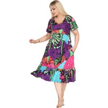Melsay Butik Göğüsten Robalı V Yaka Kısa Kollu Karışık Renkli Desen Cepli Elbise