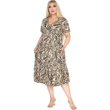 Melsay Butik Göğüsten Robalı V Yaka Kısa Kollu Bej Yaprak Desen Cepli Elbise