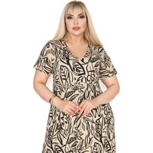 Melsay Butik Göğüsten Robalı V Yaka Kısa Kollu Bej Yaprak Desen Cepli Elbise