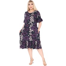 Melsay Butik Kadın Büyük Beden Eteği Fırfırlı Mor Gelincik Desen Cepli Elbise