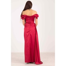 Bordo Drape Detaylı Saten Kumaş Abiye Elbise 9704858.04