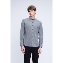 HTML Gri Slim Fit Uzun Kollu Düğmeli Yaka Pamuklu Gömlek