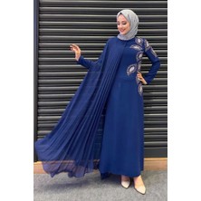 Taş Detaylı Pelerinli Elbise 3938 Lacivert