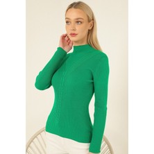 Vegenze Kadın Yeşil Boğazlı Fitilli Saç Örgü Desenli Triko Kazak