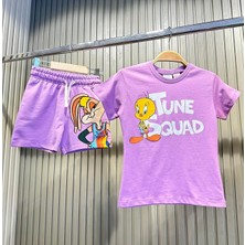 The Littles Kids Kız Çocuk Looney Tunes Baskılı Pamuklu Kumaş Mor Şortlu Beli Bağcıklı Lastikli Alt Üst Ikili Takım
