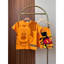 The Littles Kids Erkek Çocuk Mickey Mouse Basklı Turuncu Renk Pamuklu Kumaş Şortlu Beli Bağcıklı Lastikli Alt Üst Yazlık Ikilitakım