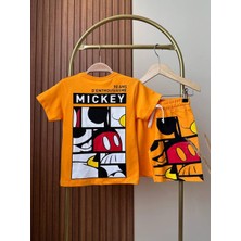 The Littles Kids Erkek Çocuk Mickey Mouse Basklı Turuncu Renk Pamuklu Kumaş Şortlu Beli Bağcıklı Lastikli Alt Üst Yazlık Ikilitakım