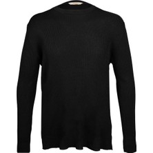 Siyah Regular Fit Bisiklet Yaka Fitilli Triko Kazak