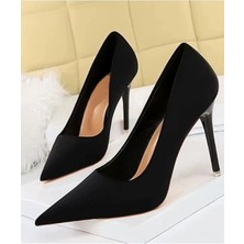 Trendy Anka Kadın Siyah Süet 8cm Ince Şeffaf Kapak Topuklu Stiletto Ayakkabı