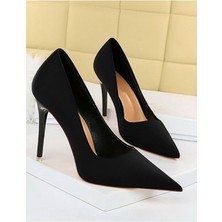 Trendy Anka Kadın Siyah Süet 8cm Ince Şeffaf Kapak Topuklu Stiletto Ayakkabı