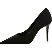 Trendy Anka Kadın Siyah Süet 8cm Ince Şeffaf Kapak Topuklu Stiletto Ayakkabı