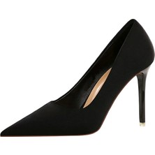 Trendy Anka Kadın Siyah Süet 8cm Ince Şeffaf Kapak Topuklu Stiletto Ayakkabı