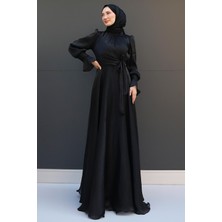Giza Store Fiyonk Detaylı Siyah İpek Abiye Kadın Elbise Şık Tasarım ve Astarlı Özellikleriyle