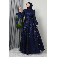 Giza Store Betül Tesettür Abiye Lacivert Renkli Tül Kumaş ile Yeni Sezon Modası