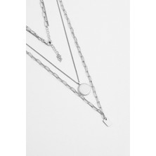 Modern Kombin 18 Ayar Beyaz Altın Kaplama 47 cm Gümüş Ikili Kolye