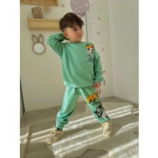 The Littles Kids Yeşil Mickey Mouse Baskılı Pamuklu Mevsimlik Kumaş Erkek Çocuk Beli Bağcıklı Lastikli Ayarlanabilir Ikili Alt Üst Eşofman Takımı