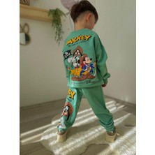 The Littles Kids Yeşil Mickey Mouse Baskılı Pamuklu Mevsimlik Kumaş Erkek Çocuk Beli Bağcıklı Lastikli Ayarlanabilir Ikili Alt Üst Eşofman Takımı