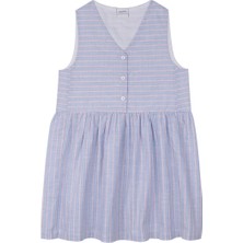 Antebies Pembe Mavi Çizgili Keten Dokulu Düğmeli Kolsuz Kız Çocuk Elbise