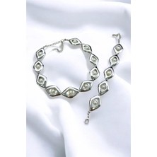 Metalize Inci Baklava Choker Tasma Kolye Bileklik Set