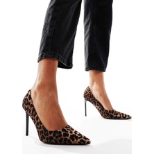 Trendy Anka Kadın Leopar Hayvan Desenli 8 cm Ince Siyah Topuklu Stiletto Ayakkabı