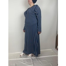 Kadın Lacivert Bej Çizgili Desen Düğmeli Yaka Uzun Kollu Mevsimlik Anne Elbise