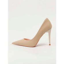 Trendy Anka Kadın Nude Ten Süet Asimetrik 9cm Ince Topuklu Yanı Yırtmaçlı Stiletto Klasik Topuklu Ayakkabı