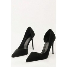 Trendy Anka Kadın Siyah Asimetrik Ince Topuklu Süet 9cm Topuklu Yanı Yırtmaçlı Stiletto Klasik Topuklu Ayakkabı