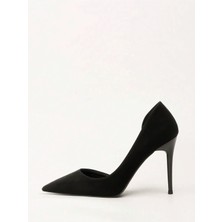 Trendy Anka Kadın Siyah Asimetrik Ince Topuklu Süet 9cm Topuklu Yanı Yırtmaçlı Stiletto Klasik Topuklu Ayakkabı
