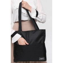 Dzc Kuzenler Avm Kadın Siyah Yumuşak Bez Kumaş Kol ve Omuz Çantası Büyük Boy Ağzı Fermuarlı Kadın Çanta