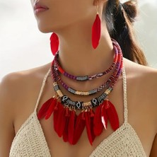 Kırmızı El Yapımı Çok Katmanlı Tüy Kolye Küpe Yazlık  Set