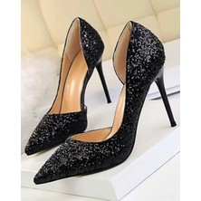 Trendy Anka Lady Siyah Kristal Taşlı Cam Kırığı 8 cm Ince Topuklu Düğün Nişan Gece Abiye Ayakkabı