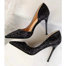 Trendy Anka Lady Siyah Kristal Taşlı Cam Kırığı 8 cm Ince Topuklu Düğün Nişan Gece Abiye Ayakkabı