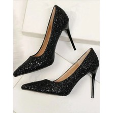 Trendy Anka Lady Siyah Kristal Taşlı Cam Kırığı 8 cm Ince Topuklu Düğün Nişan Gece Abiye Ayakkabı