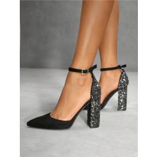 Trendy Anka Lady Siyah Süet Kristal Taşlı Cam Kırığı 9cm Topuklu Sivri Burunlu Abiye Ayakkabı Stiletto